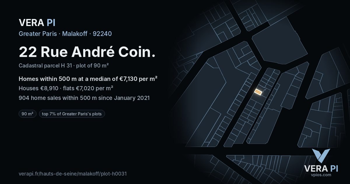 22 Rue André Coin, Malakoff at night – the plot lit, the parcels around coloured by the prices near them