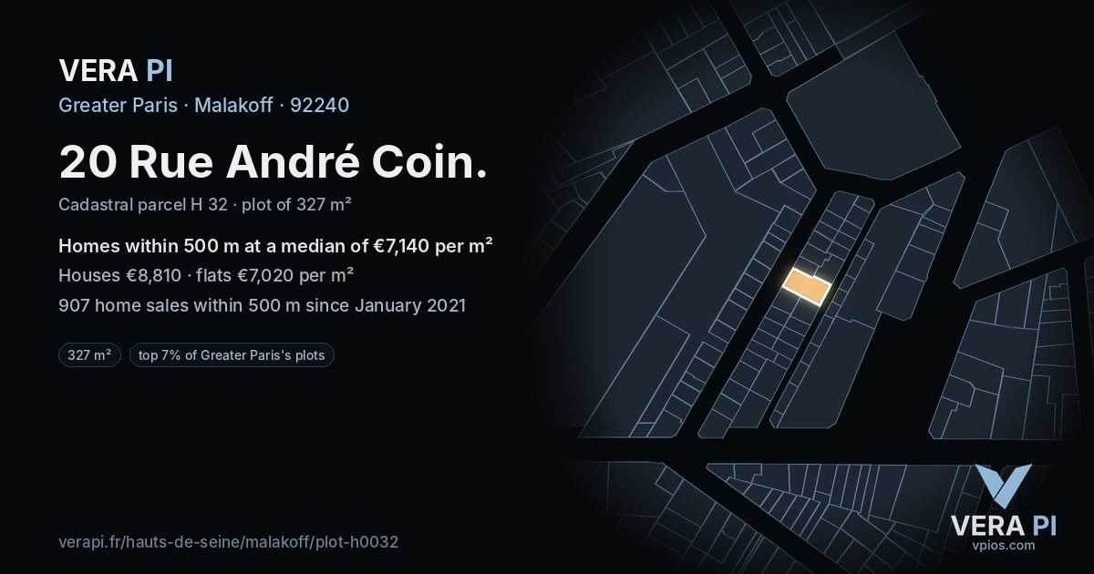 20 Rue André Coin, Malakoff at night – the plot lit, the parcels around coloured by the prices near them