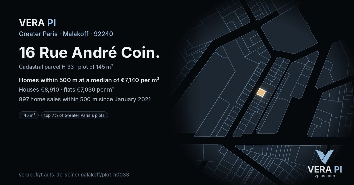 16 Rue André Coin, Malakoff at night – the plot lit, the parcels around coloured by the prices near them