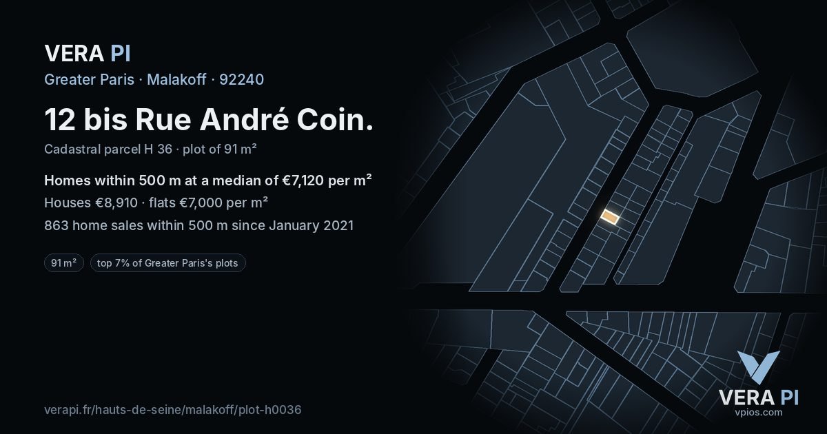 12 bis Rue André Coin, Malakoff at night – the plot lit, the parcels around coloured by the prices near them