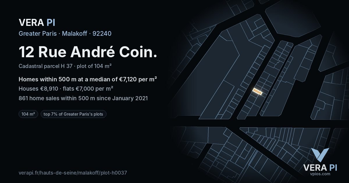12 Rue André Coin, Malakoff at night – the plot lit, the parcels around coloured by the prices near them