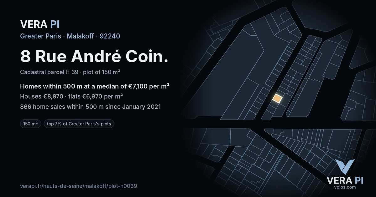 8 Rue André Coin, Malakoff at night – the plot lit, the parcels around coloured by the prices near them