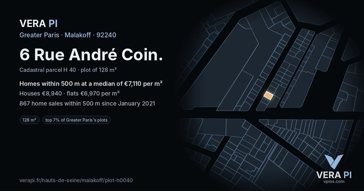 6 Rue André Coin, Malakoff at night – the plot lit, the parcels around coloured by the prices near them
