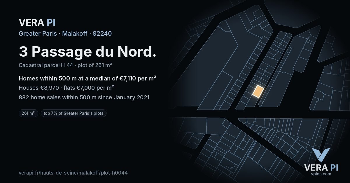 3 Passage du Nord, Malakoff at night – the plot lit, the parcels around coloured by the prices near them