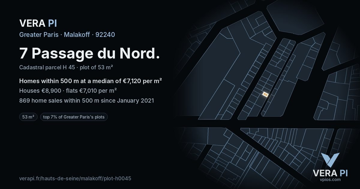 7 Passage du Nord, Malakoff at night – the plot lit, the parcels around coloured by the prices near them