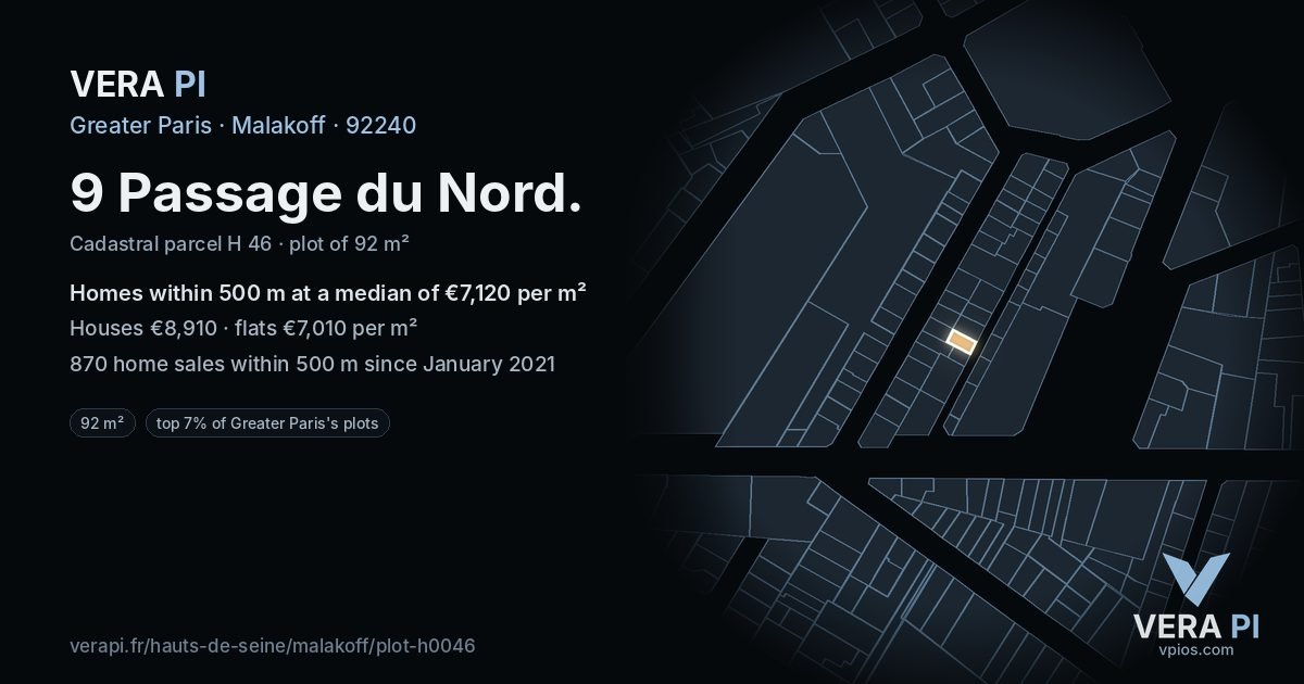 9 Passage du Nord, Malakoff at night – the plot lit, the parcels around coloured by the prices near them