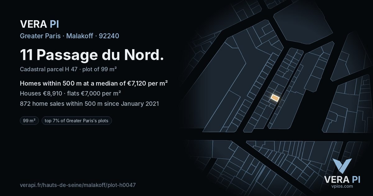 11 Passage du Nord, Malakoff at night – the plot lit, the parcels around coloured by the prices near them