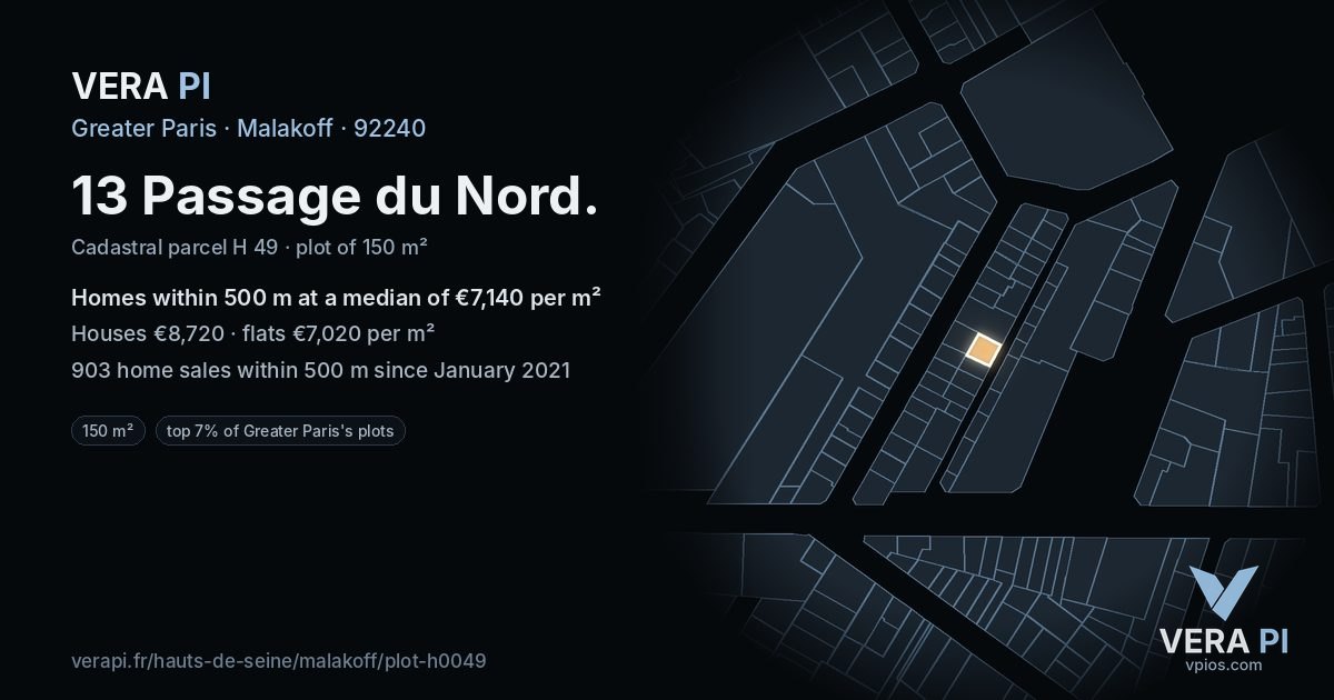13 Passage du Nord, Malakoff at night – the plot lit, the parcels around coloured by the prices near them