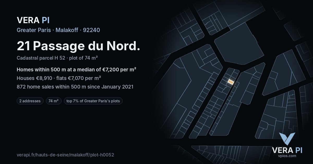21 Passage du Nord, Malakoff at night – the plot lit, the parcels around coloured by the prices near them