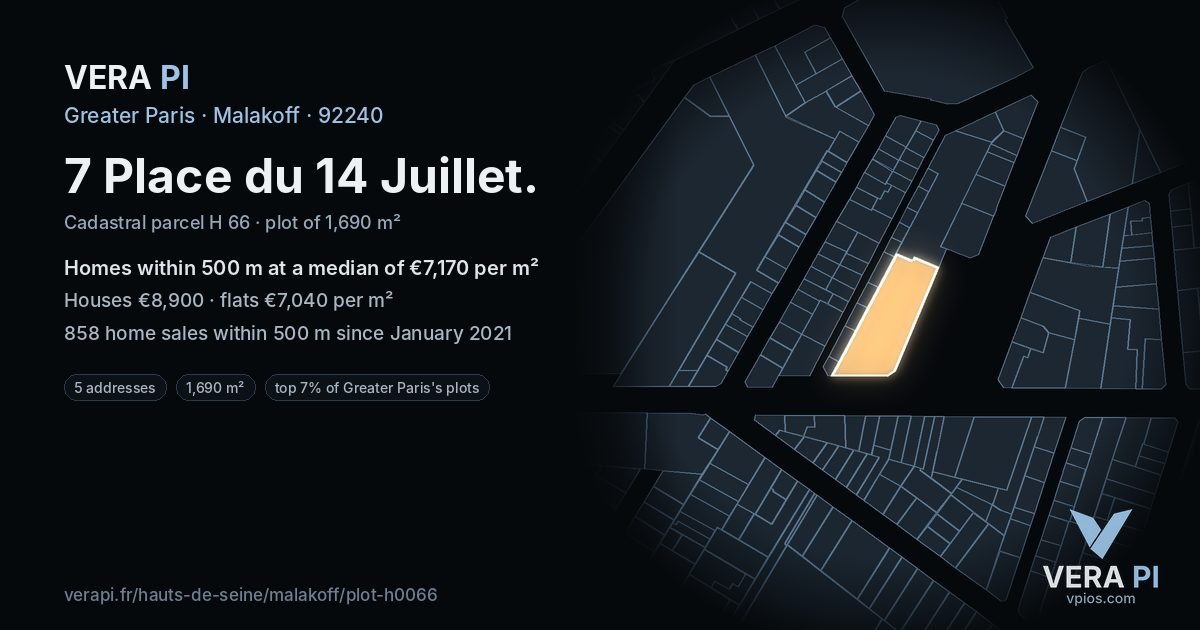 7 Place du 14 Juillet, Malakoff at night – the plot lit, the parcels around coloured by the prices near them