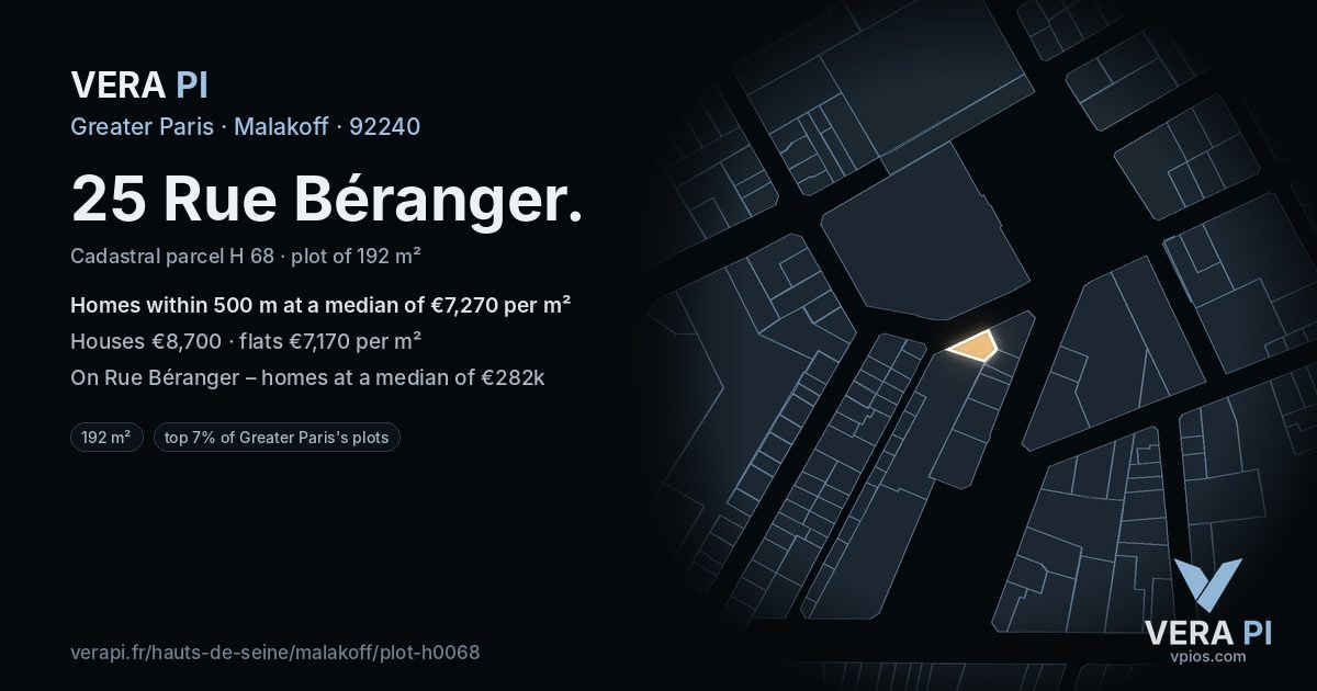 25 Rue Béranger, Malakoff at night – the plot lit, the parcels around coloured by the prices near them