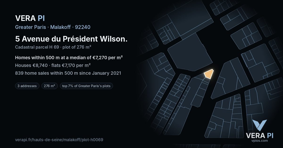 5 Avenue du Président Wilson, Malakoff at night – the plot lit, the parcels around coloured by the prices near them