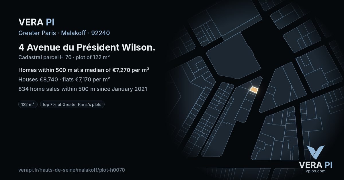 4 Avenue du Président Wilson, Malakoff at night – the plot lit, the parcels around coloured by the prices near them