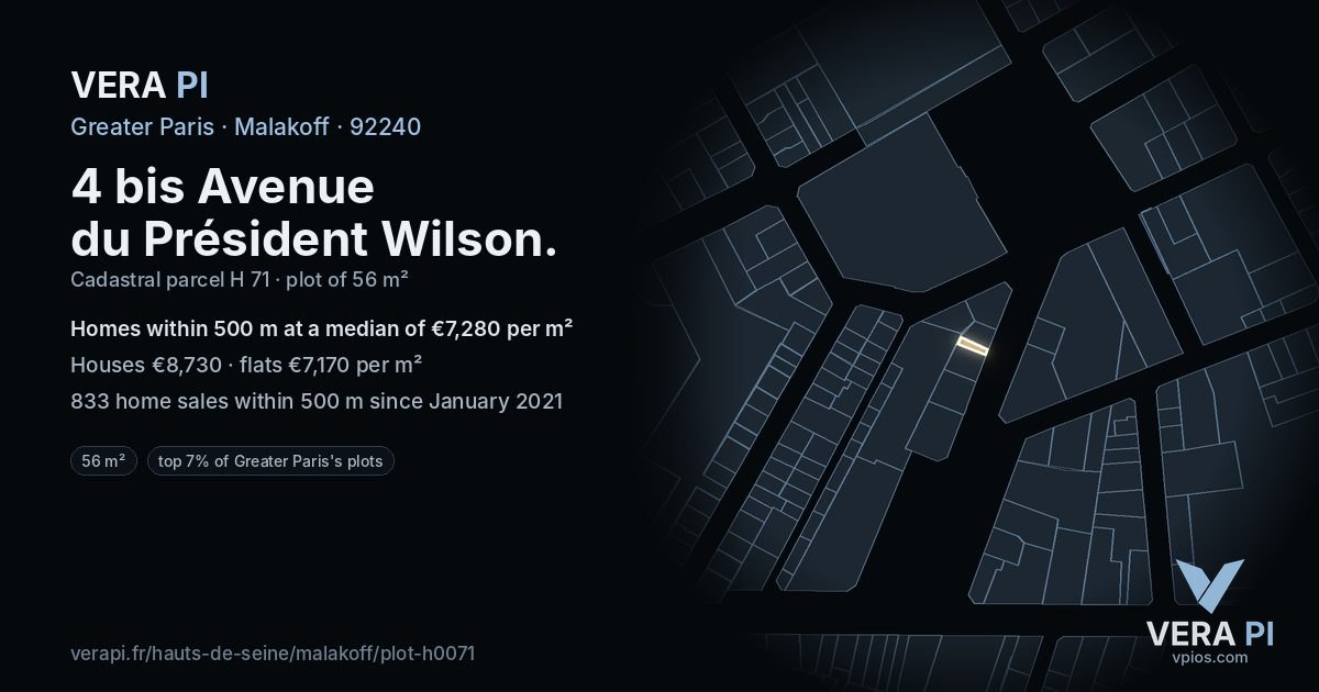4 bis Avenue du Président Wilson, Malakoff at night – the plot lit, the parcels around coloured by the prices near them