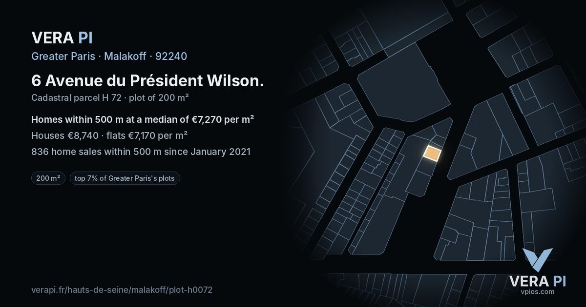 6 Avenue du Président Wilson, Malakoff at night – the plot lit, the parcels around coloured by the prices near them