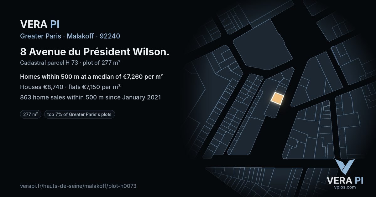 8 Avenue du Président Wilson, Malakoff at night – the plot lit, the parcels around coloured by the prices near them