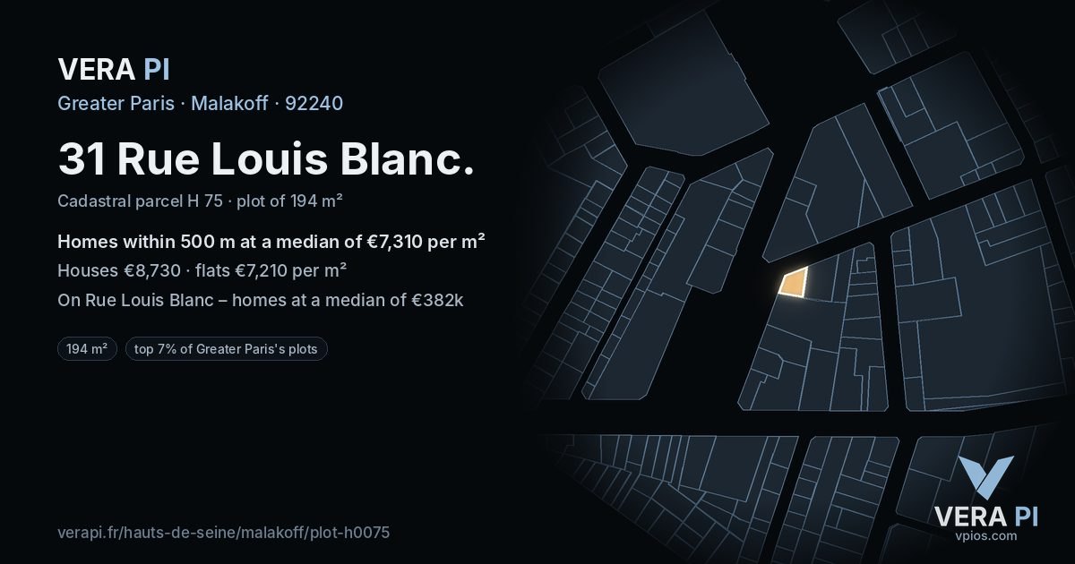31 Rue Louis Blanc, Malakoff at night – the plot lit, the parcels around coloured by the prices near them