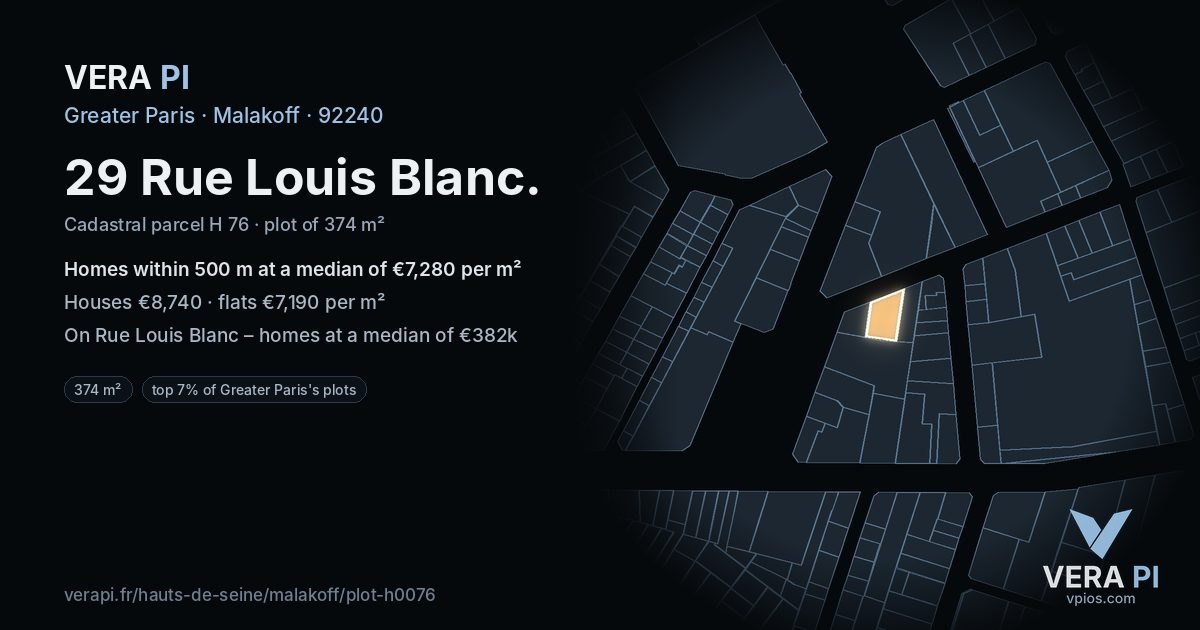 29 Rue Louis Blanc, Malakoff at night – the plot lit, the parcels around coloured by the prices near them