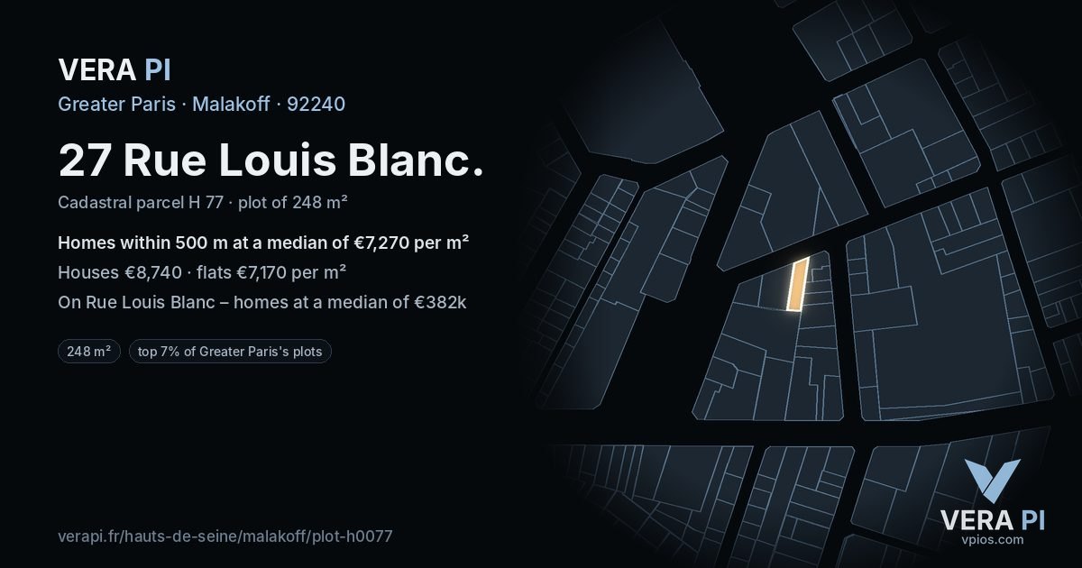 27 Rue Louis Blanc, Malakoff at night – the plot lit, the parcels around coloured by the prices near them