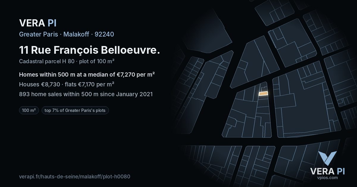 11 Rue François Belloeuvre, Malakoff at night – the plot lit, the parcels around coloured by the prices near them
