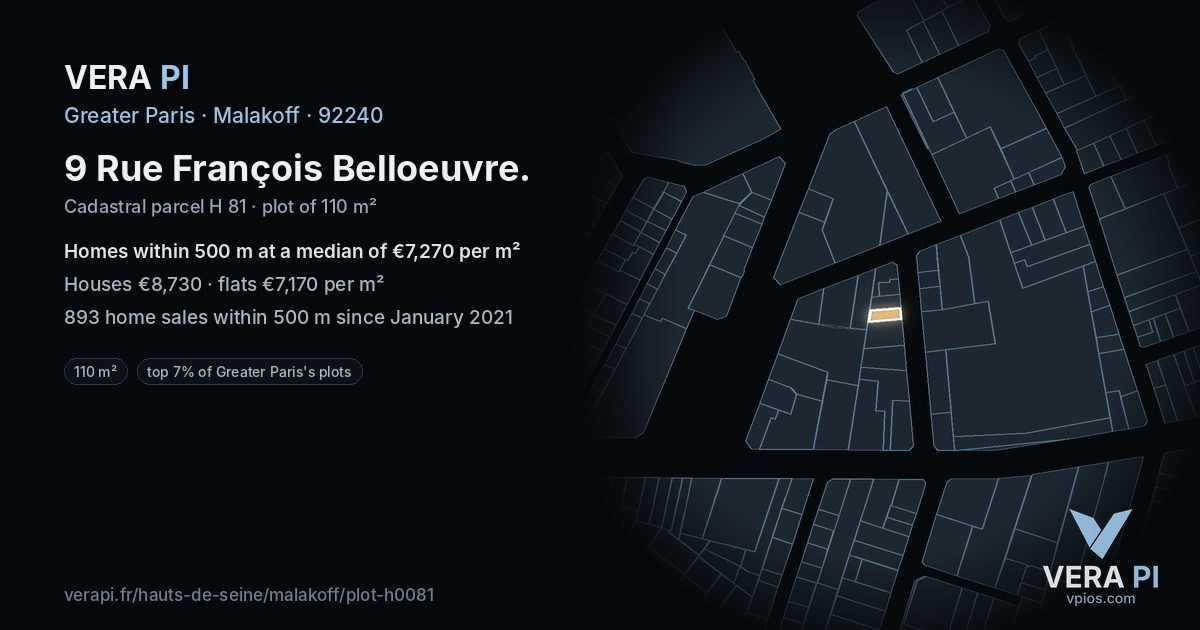 9 Rue François Belloeuvre, Malakoff at night – the plot lit, the parcels around coloured by the prices near them