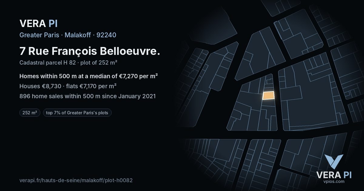 7 Rue François Belloeuvre, Malakoff at night – the plot lit, the parcels around coloured by the prices near them