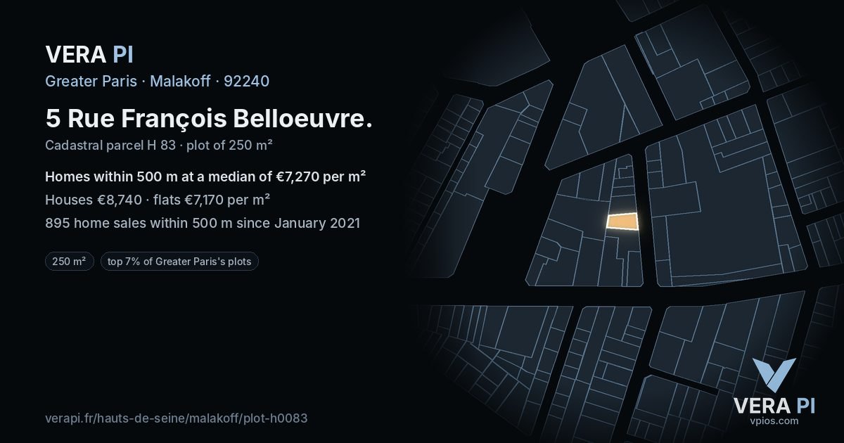 5 Rue François Belloeuvre, Malakoff at night – the plot lit, the parcels around coloured by the prices near them