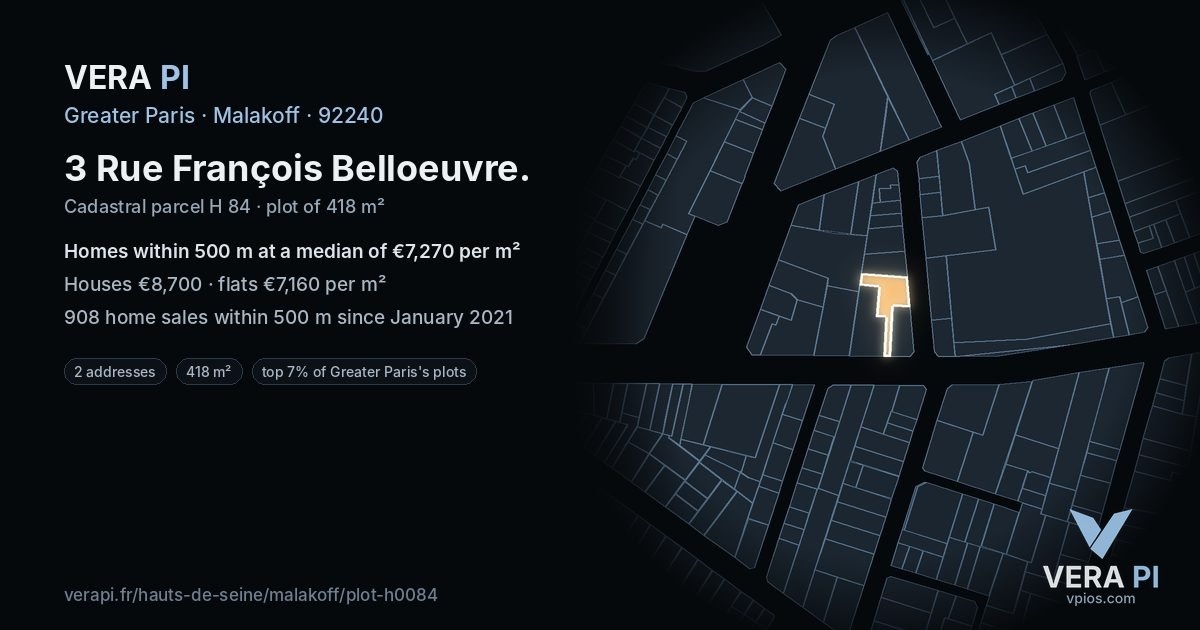 3 Rue François Belloeuvre, Malakoff at night – the plot lit, the parcels around coloured by the prices near them