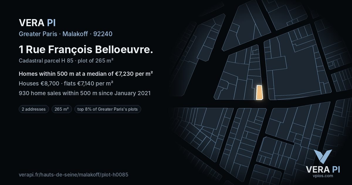 1 Rue François Belloeuvre, Malakoff at night – the plot lit, the parcels around coloured by the prices near them