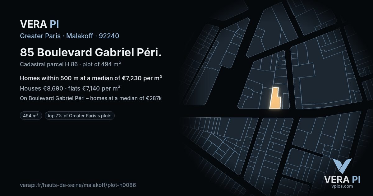 85 Boulevard Gabriel Péri, Malakoff at night – the plot lit, the parcels around coloured by the prices near them