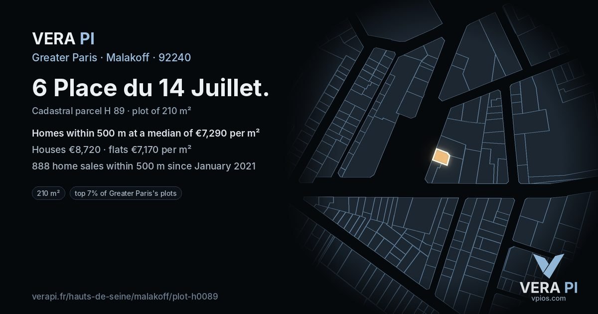 6 Place du 14 Juillet, Malakoff at night – the plot lit, the parcels around coloured by the prices near them