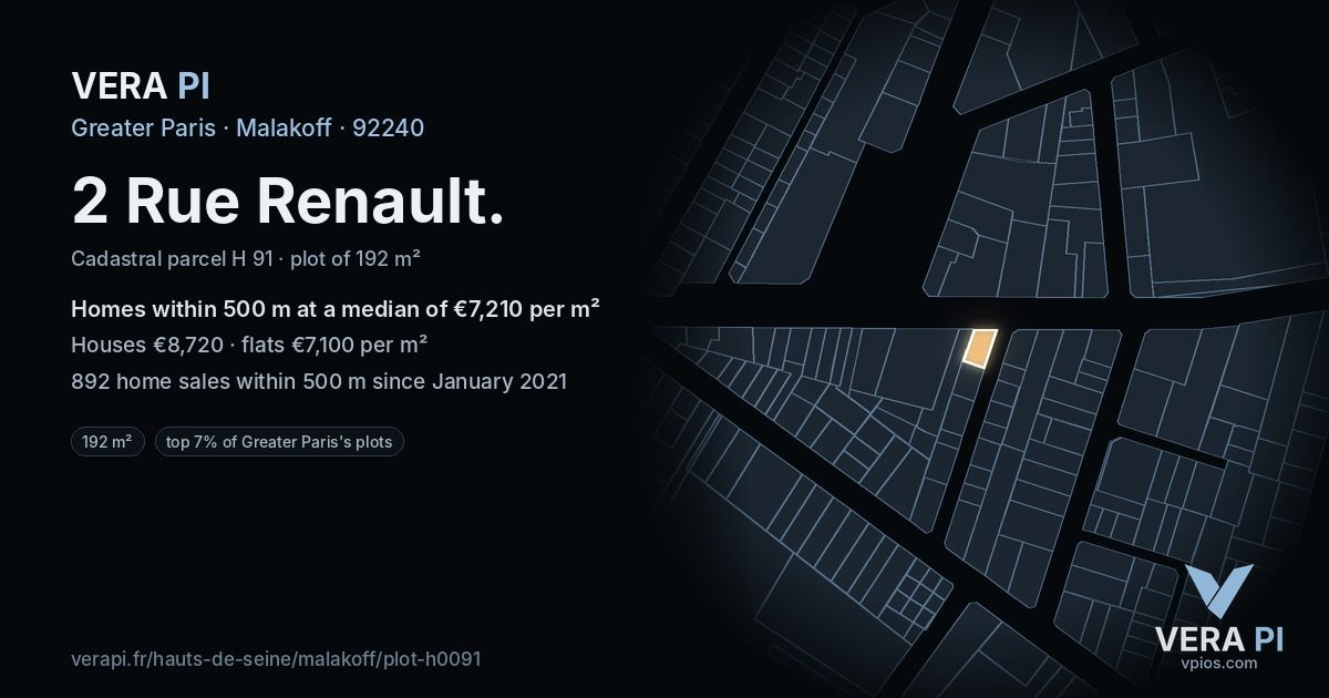 2 Rue Renault, Malakoff at night – the plot lit, the parcels around coloured by the prices near them