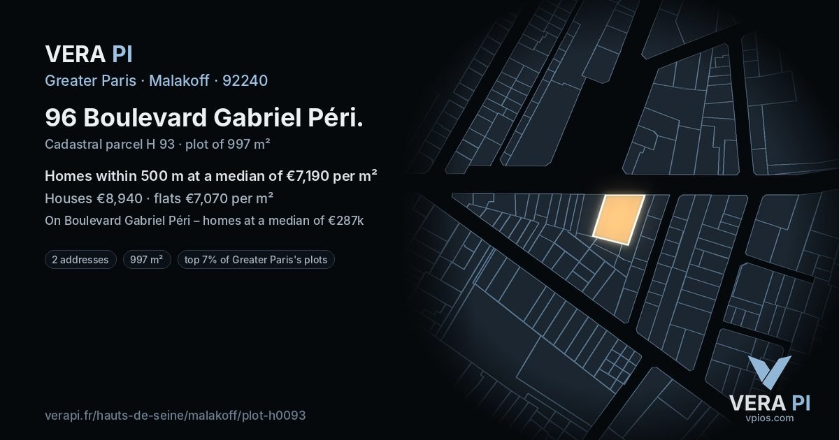96 Boulevard Gabriel Péri, Malakoff at night – the plot lit, the parcels around coloured by the prices near them