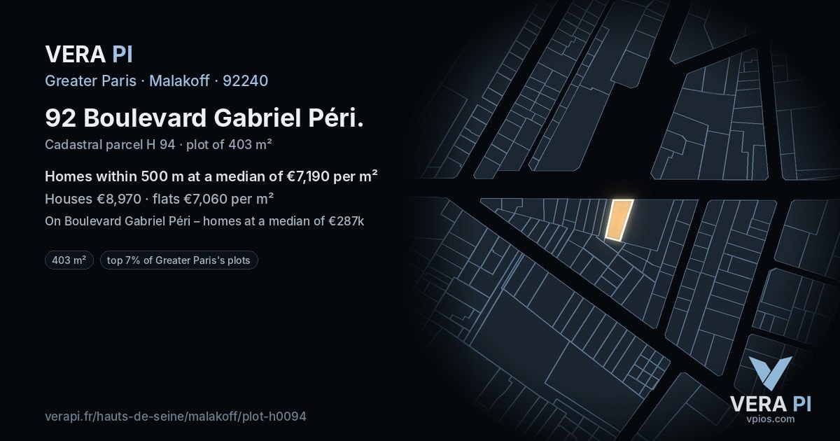 92 Boulevard Gabriel Péri, Malakoff at night – the plot lit, the parcels around coloured by the prices near them