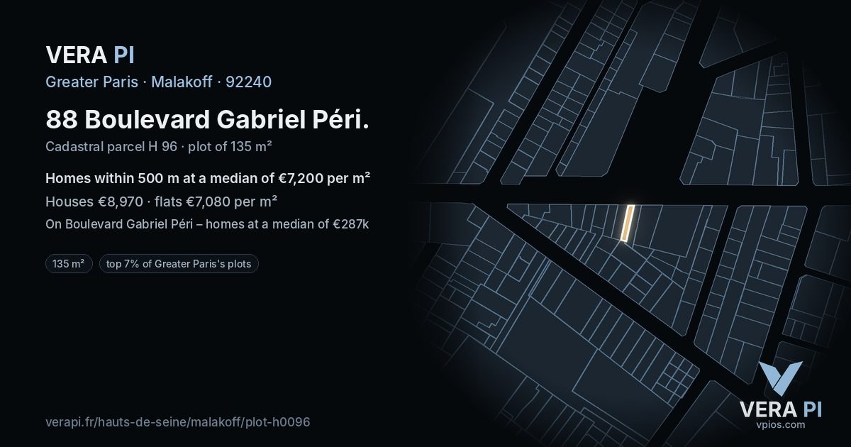 88 Boulevard Gabriel Péri, Malakoff at night – the plot lit, the parcels around coloured by the prices near them