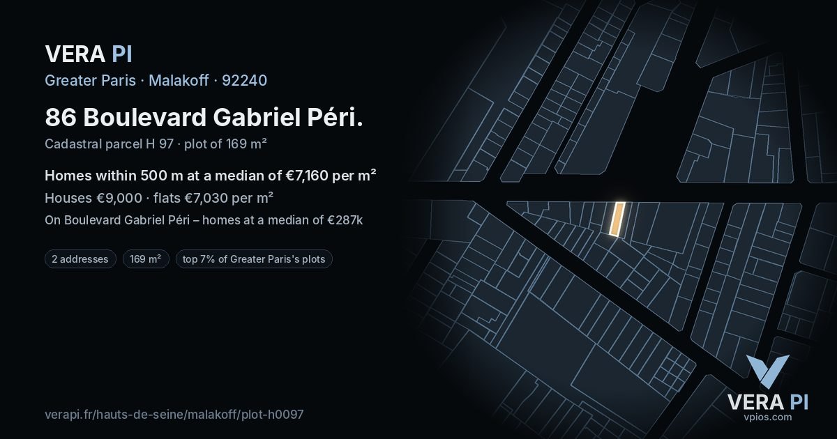 86 Boulevard Gabriel Péri, Malakoff at night – the plot lit, the parcels around coloured by the prices near them