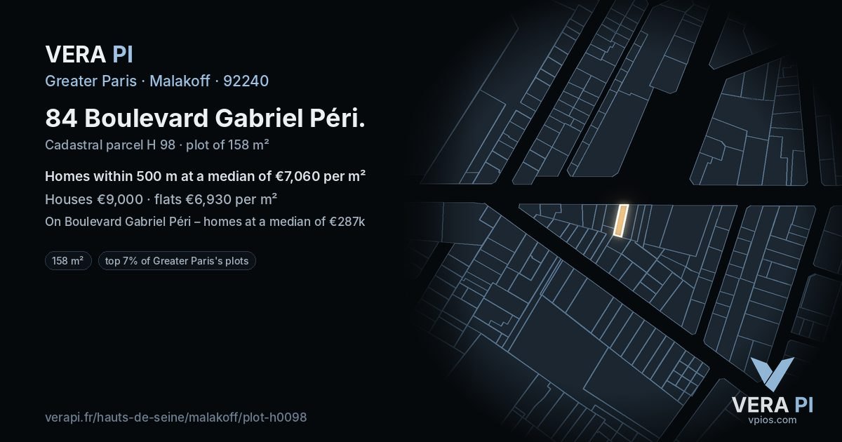 84 Boulevard Gabriel Péri, Malakoff at night – the plot lit, the parcels around coloured by the prices near them
