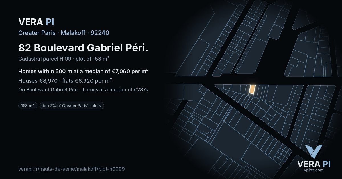 82 Boulevard Gabriel Péri, Malakoff at night – the plot lit, the parcels around coloured by the prices near them