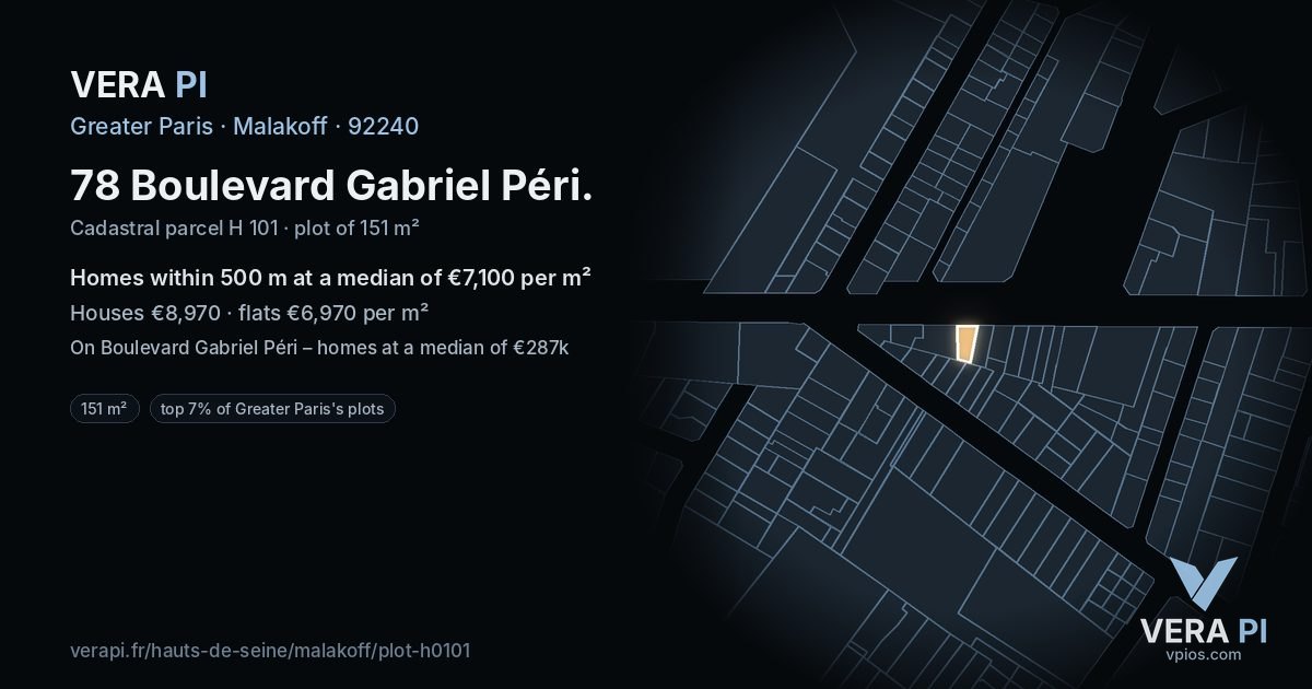 78 Boulevard Gabriel Péri, Malakoff at night – the plot lit, the parcels around coloured by the prices near them