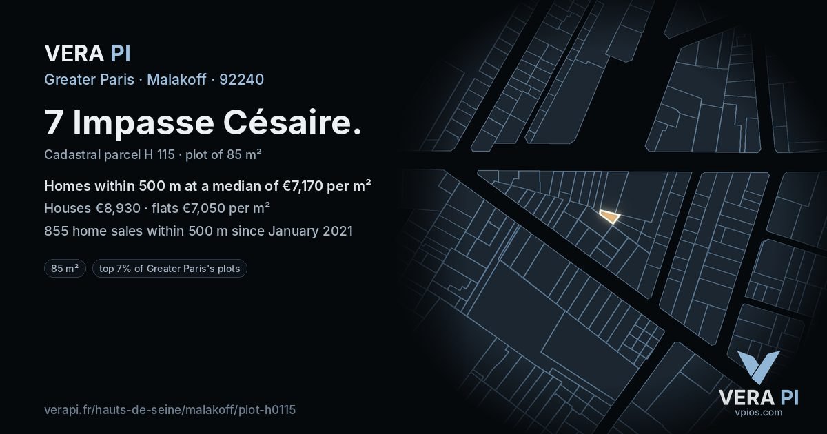 7 Impasse Césaire, Malakoff at night – the plot lit, the parcels around coloured by the prices near them