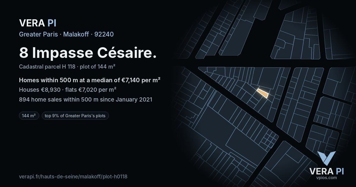 8 Impasse Césaire, Malakoff at night – the plot lit, the parcels around coloured by the prices near them