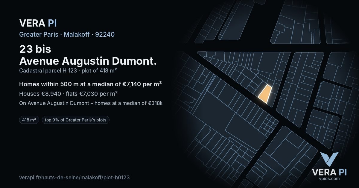 23 bis Avenue Augustin Dumont, Malakoff at night – the plot lit, the parcels around coloured by the prices near them