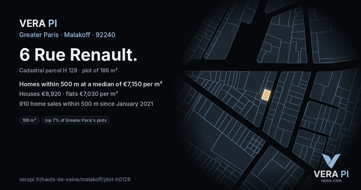 6 Rue Renault, Malakoff at night – the plot lit, the parcels around coloured by the prices near them