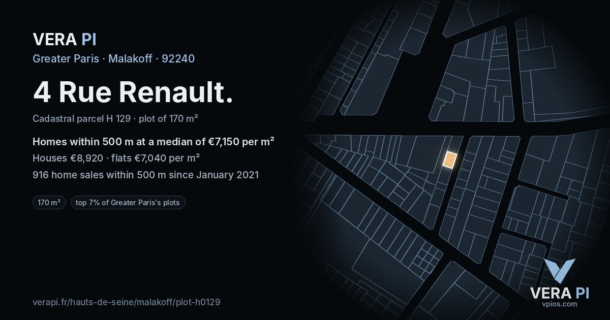 4 Rue Renault, Malakoff at night – the plot lit, the parcels around coloured by the prices near them
