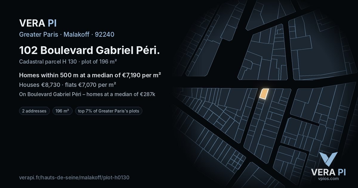 102 Boulevard Gabriel Péri, Malakoff at night – the plot lit, the parcels around coloured by the prices near them