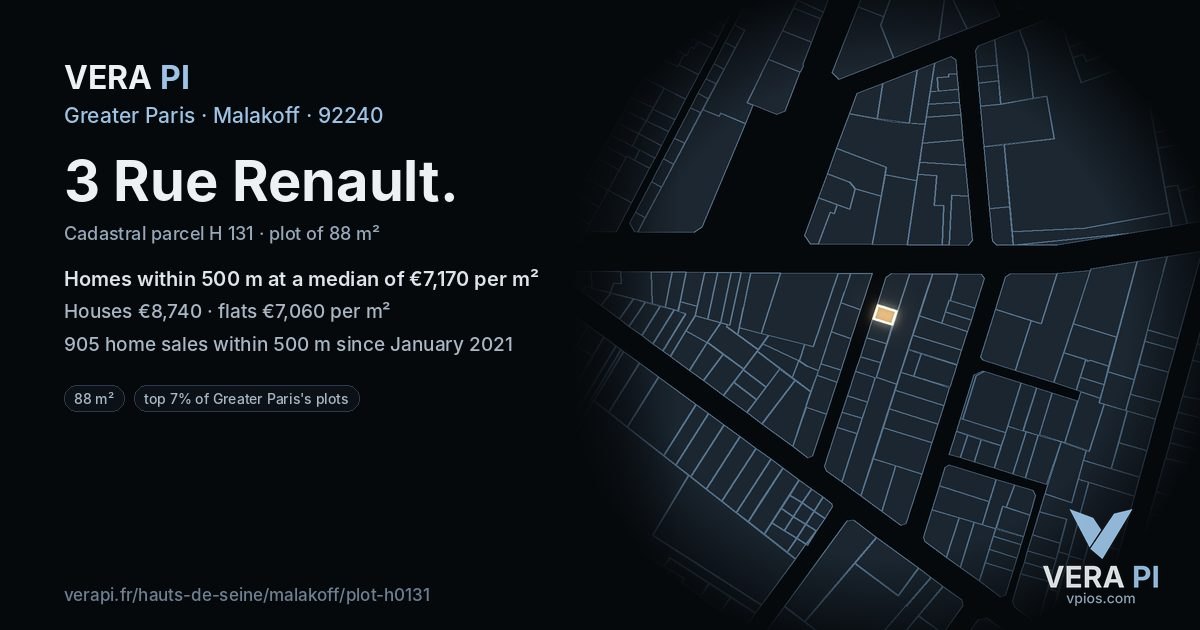 3 Rue Renault, Malakoff at night – the plot lit, the parcels around coloured by the prices near them