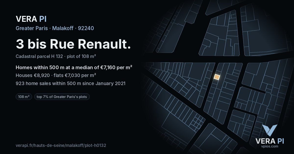 3 bis Rue Renault, Malakoff at night – the plot lit, the parcels around coloured by the prices near them