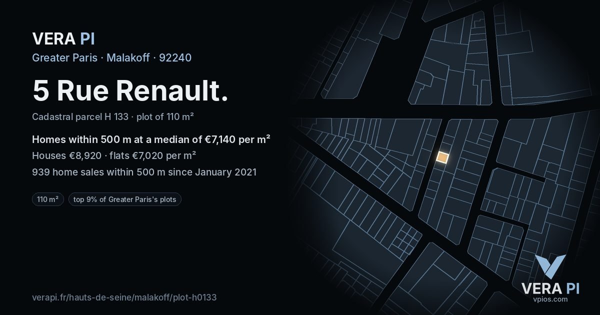 5 Rue Renault, Malakoff at night – the plot lit, the parcels around coloured by the prices near them