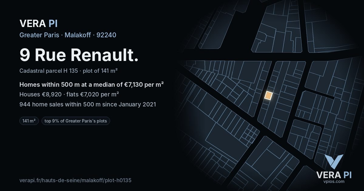 9 Rue Renault, Malakoff at night – the plot lit, the parcels around coloured by the prices near them