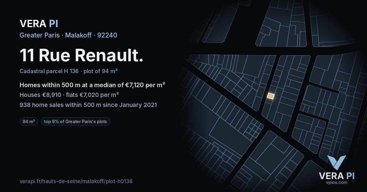 11 Rue Renault, Malakoff at night – the plot lit, the parcels around coloured by the prices near them